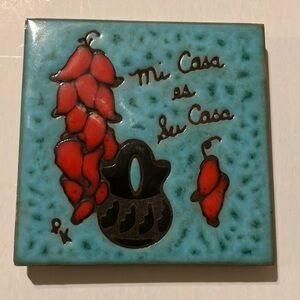 Decorative Teal Tile Coaster with Red Peppers Mi Casa‎ es Su Casa